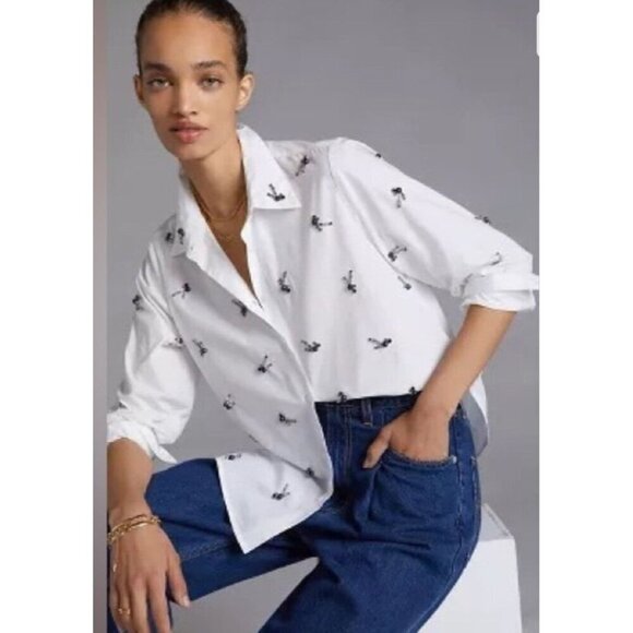 Dhruv Kapoor Anthropologie Tops - Anthropologie Dhruv Kapoor Embellished White Button Up Shirt Luxury Designer M
